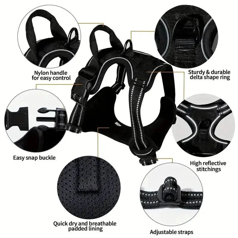 Dog Harness No Pull with 2 Leash Clips, Adjustable Soft Padded, Reflective Oxford No Choke Pet Vest with Easy Control Handle PawsnHeart